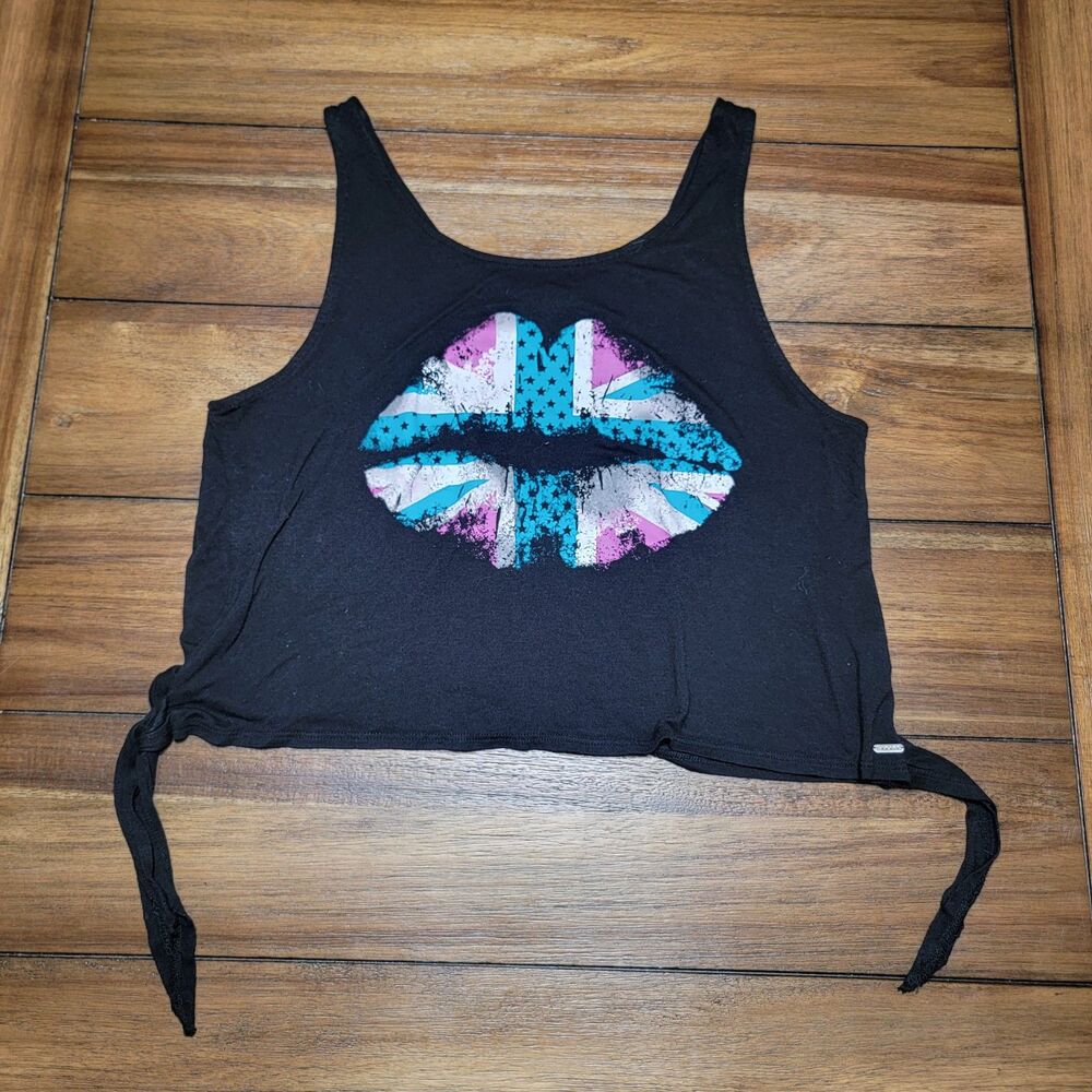 Garage Black Crop Tank Top Union Jack Lips - Size Medium (Junior)